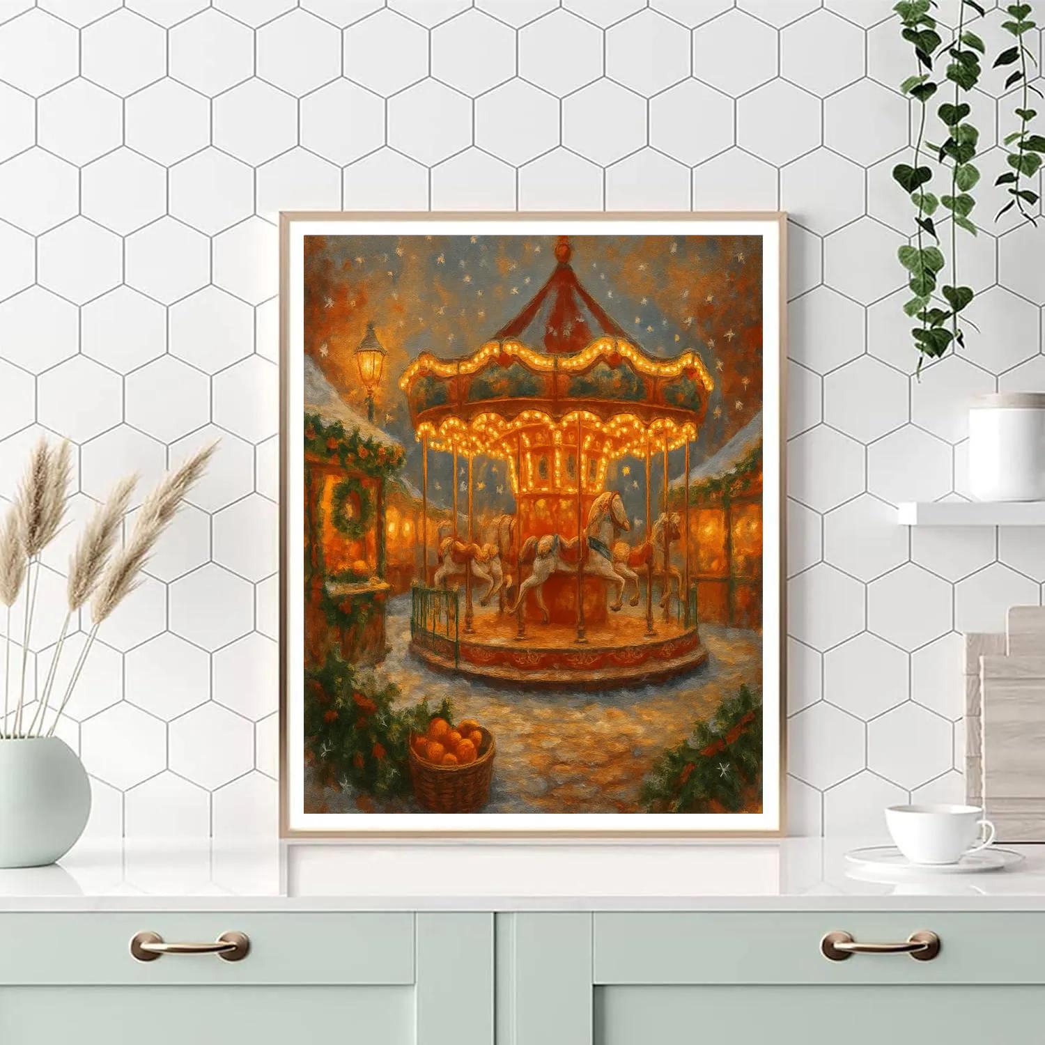 Holiday Market Carousel In Falling Snow paint by number