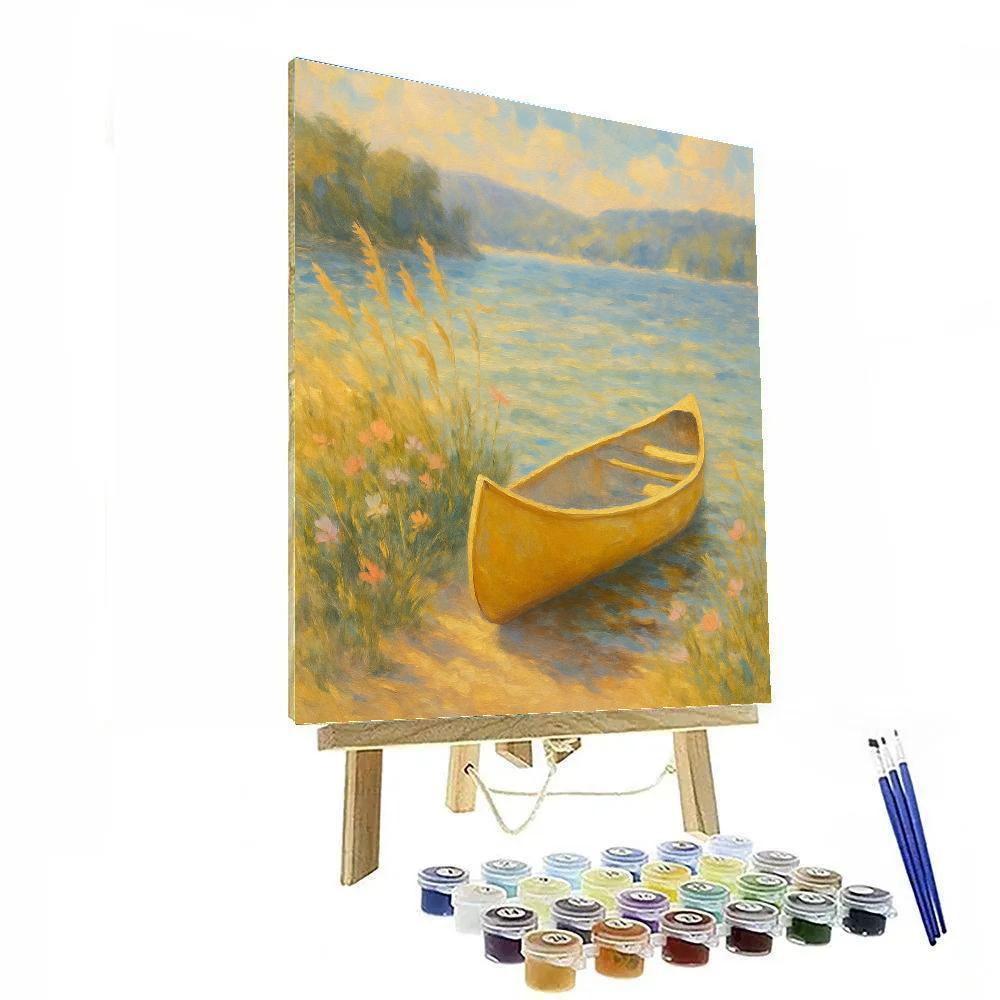 Sunlit Canoe Beside Wildflower Shore paint by number