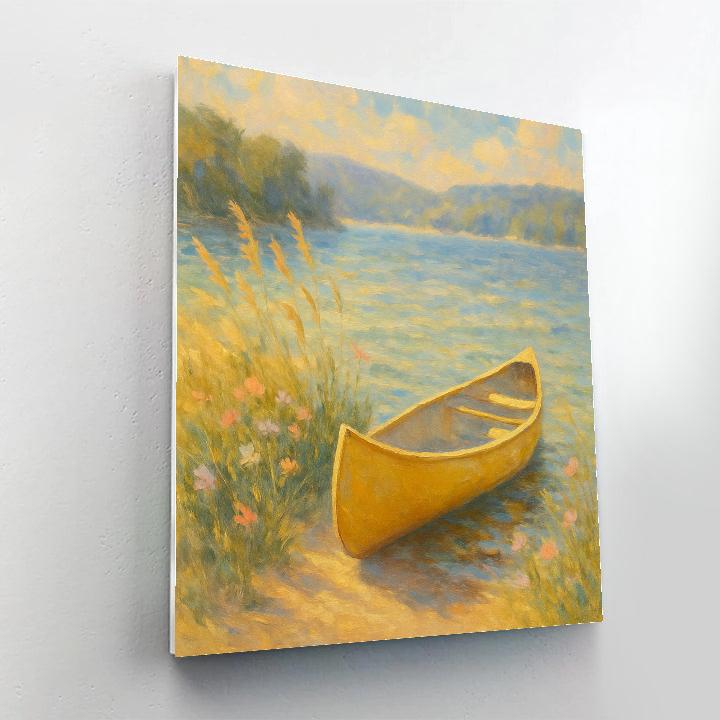 Sunlit Canoe Beside Wildflower Shore paint by number