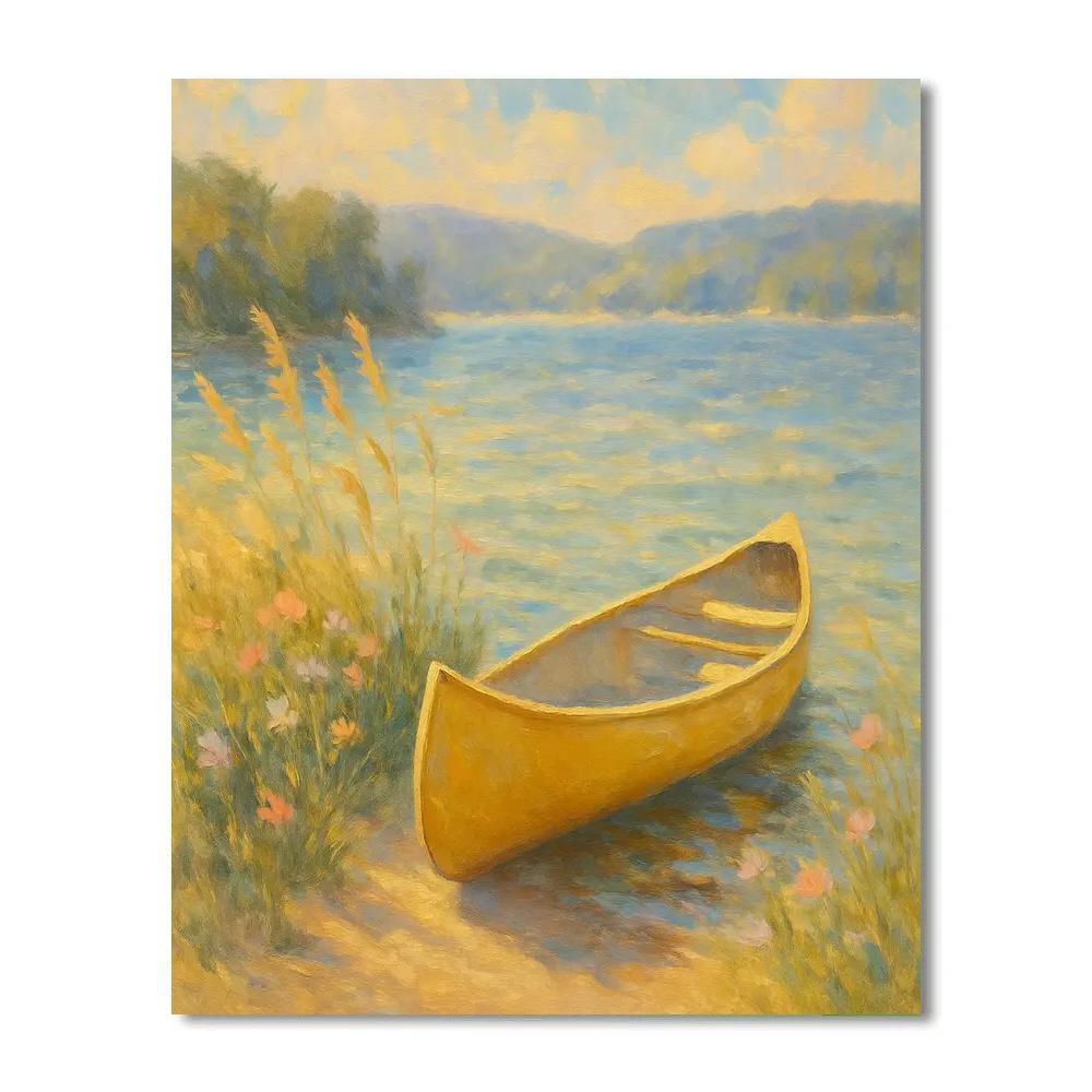 Sunlit Canoe Beside Wildflower Shore paint by number