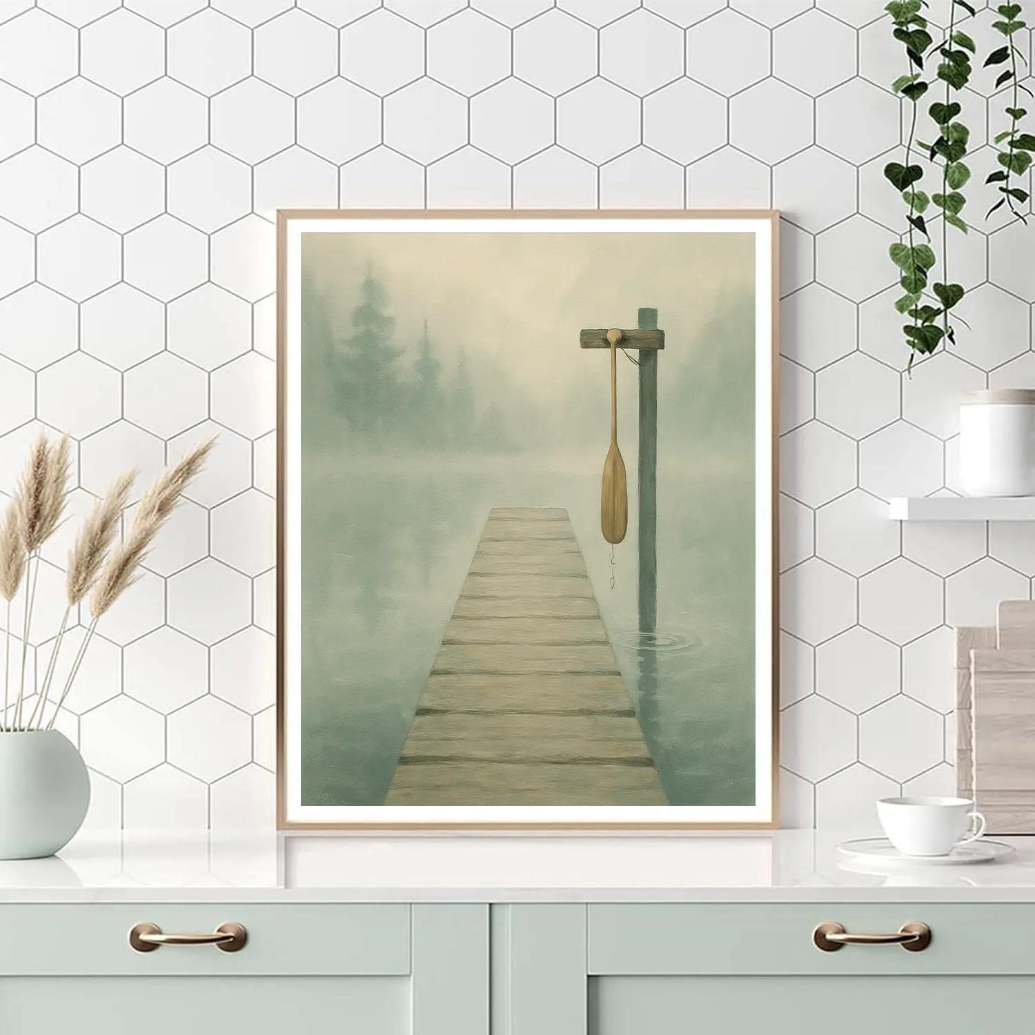 Misty Morning Dock With Hanging Canoe Paddle paint by numbers