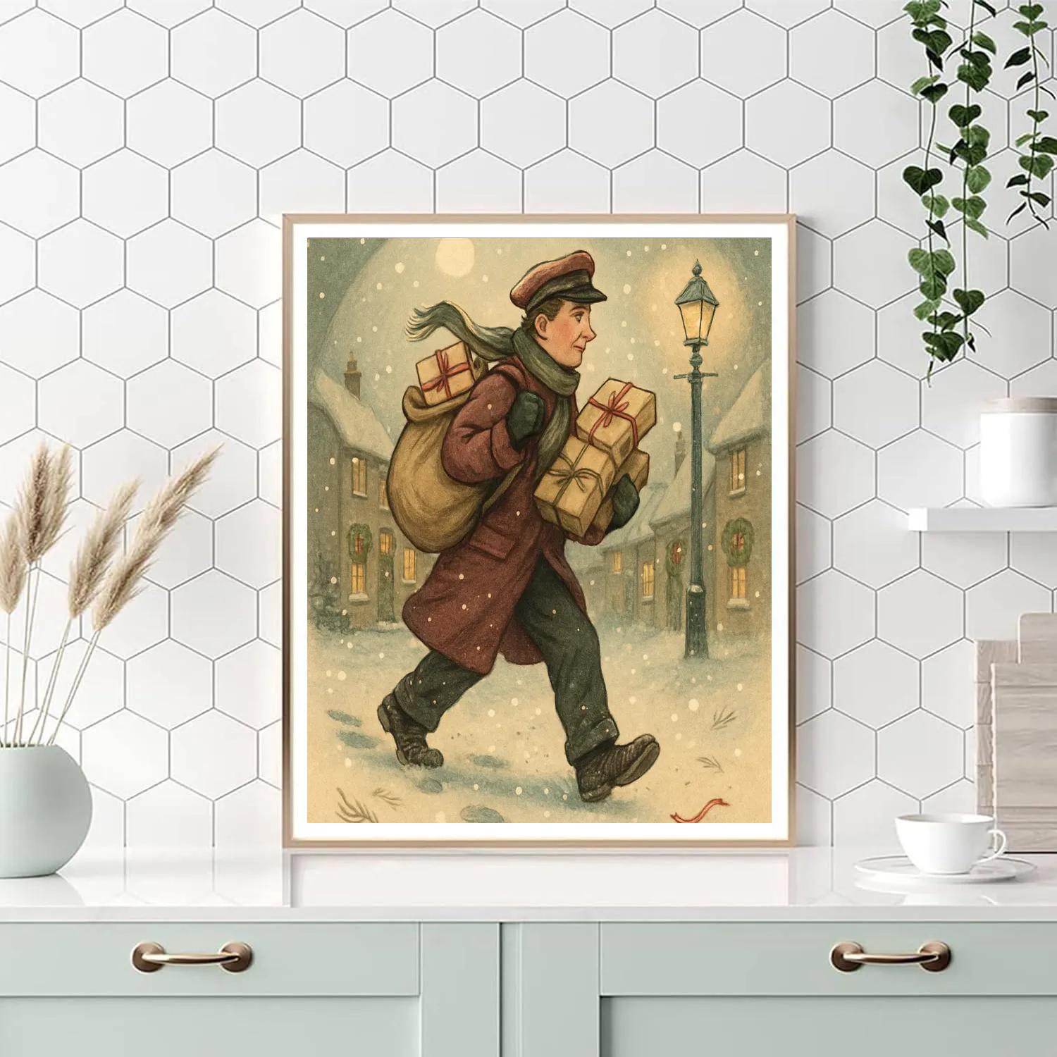 Village Postman In A Snow Globe Street Paint by numbers art