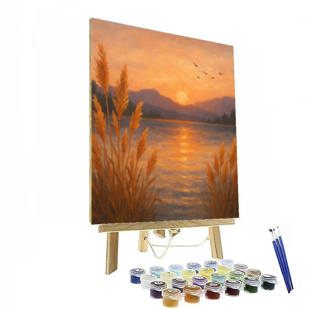 Golden Reed Sunset With Distant Mountain Silhouettes Number painting