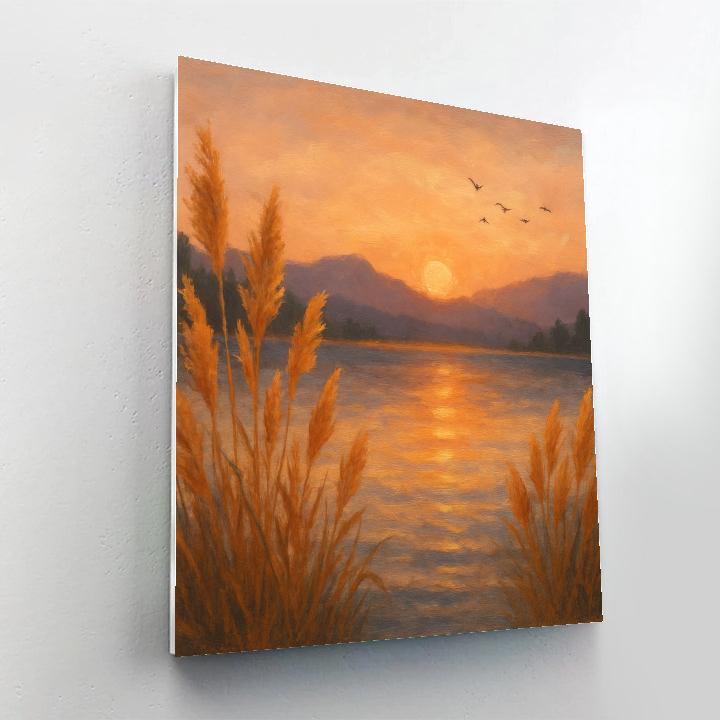 Golden Reed Sunset With Distant Mountain Silhouettes Number painting