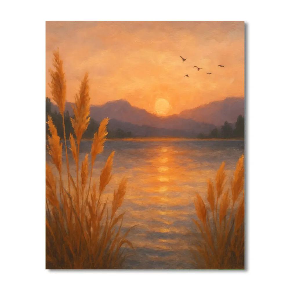 Golden Reed Sunset With Distant Mountain Silhouettes Number painting