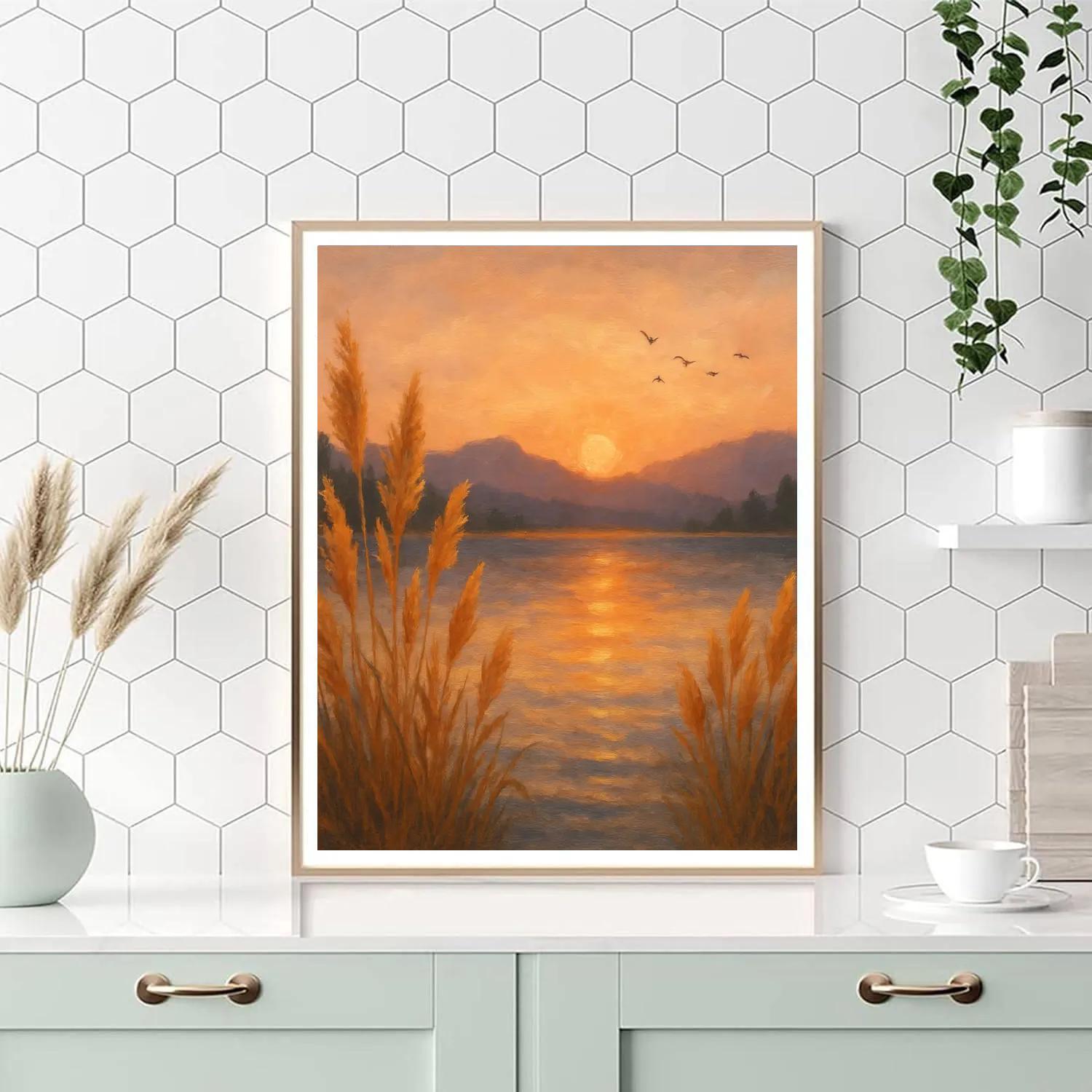 Golden Reed Sunset With Distant Mountain Silhouettes Number painting
