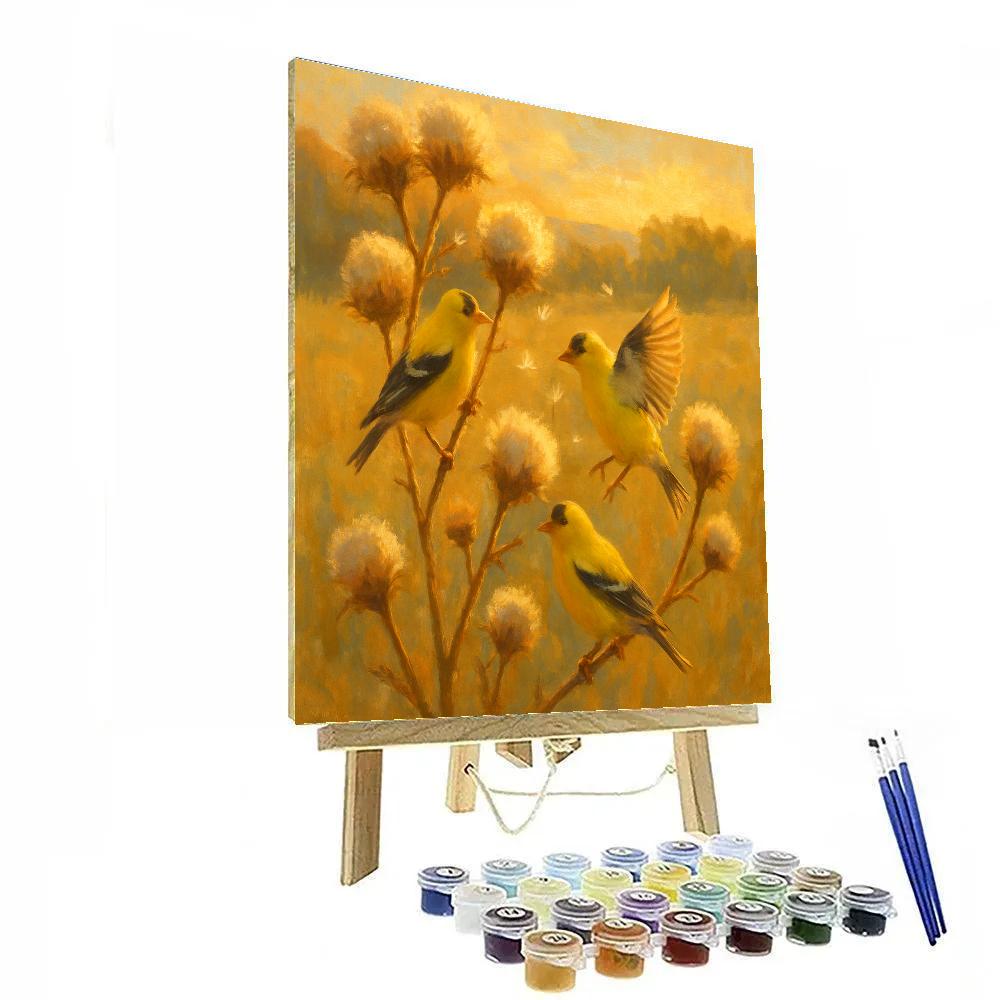Goldfinches In A Sunlit Thistle Patch paint by color