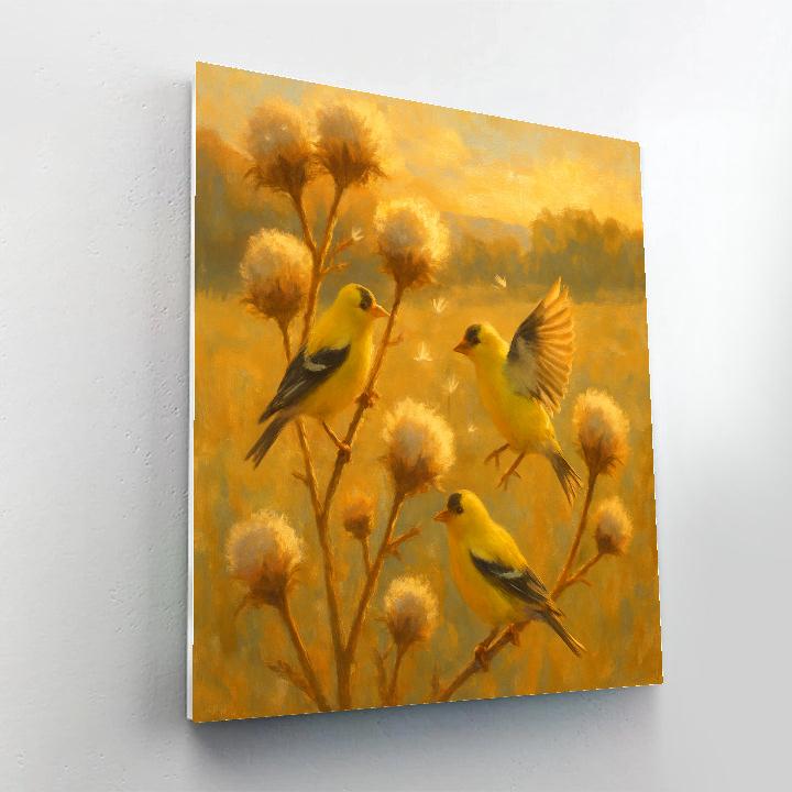 Goldfinches In A Sunlit Thistle Patch paint by color