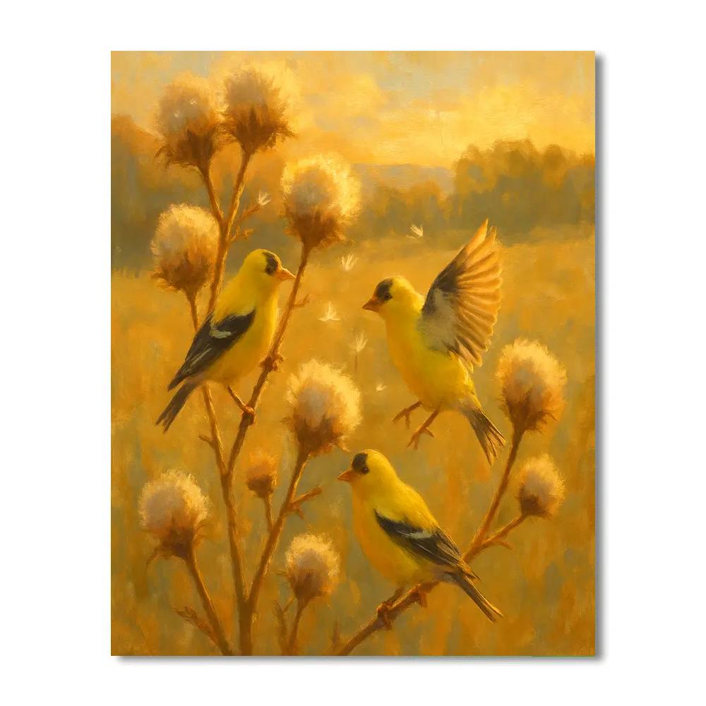 Goldfinches In A Sunlit Thistle Patch paint by color