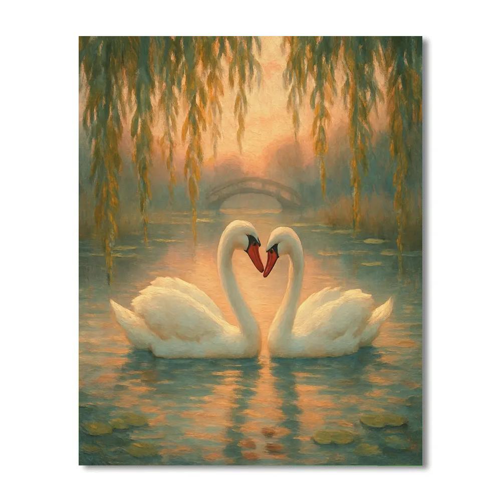 Swans Beneath Willow Curtains At Dusk Paint by numbers art