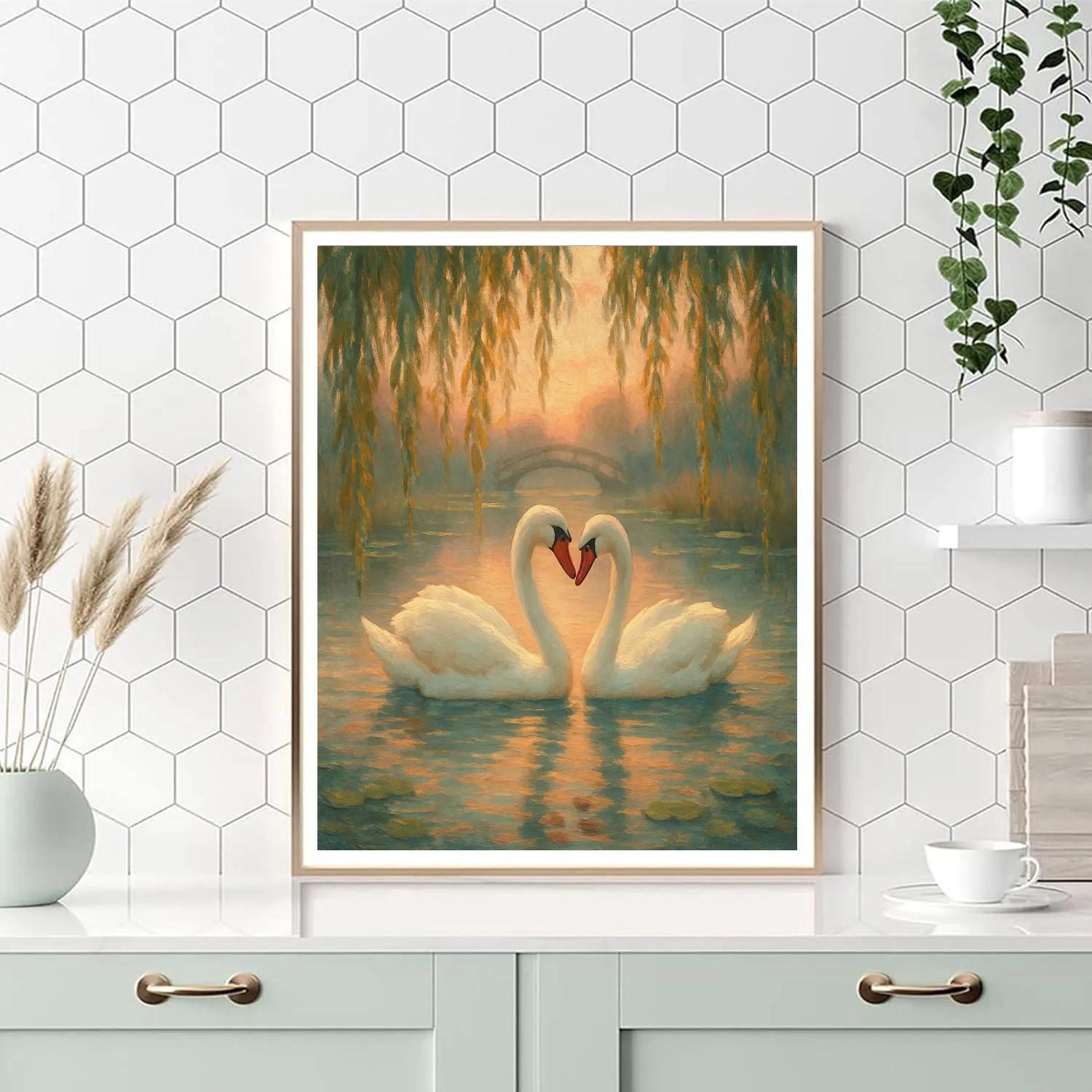 Swans Beneath Willow Curtains At Dusk Paint by numbers art