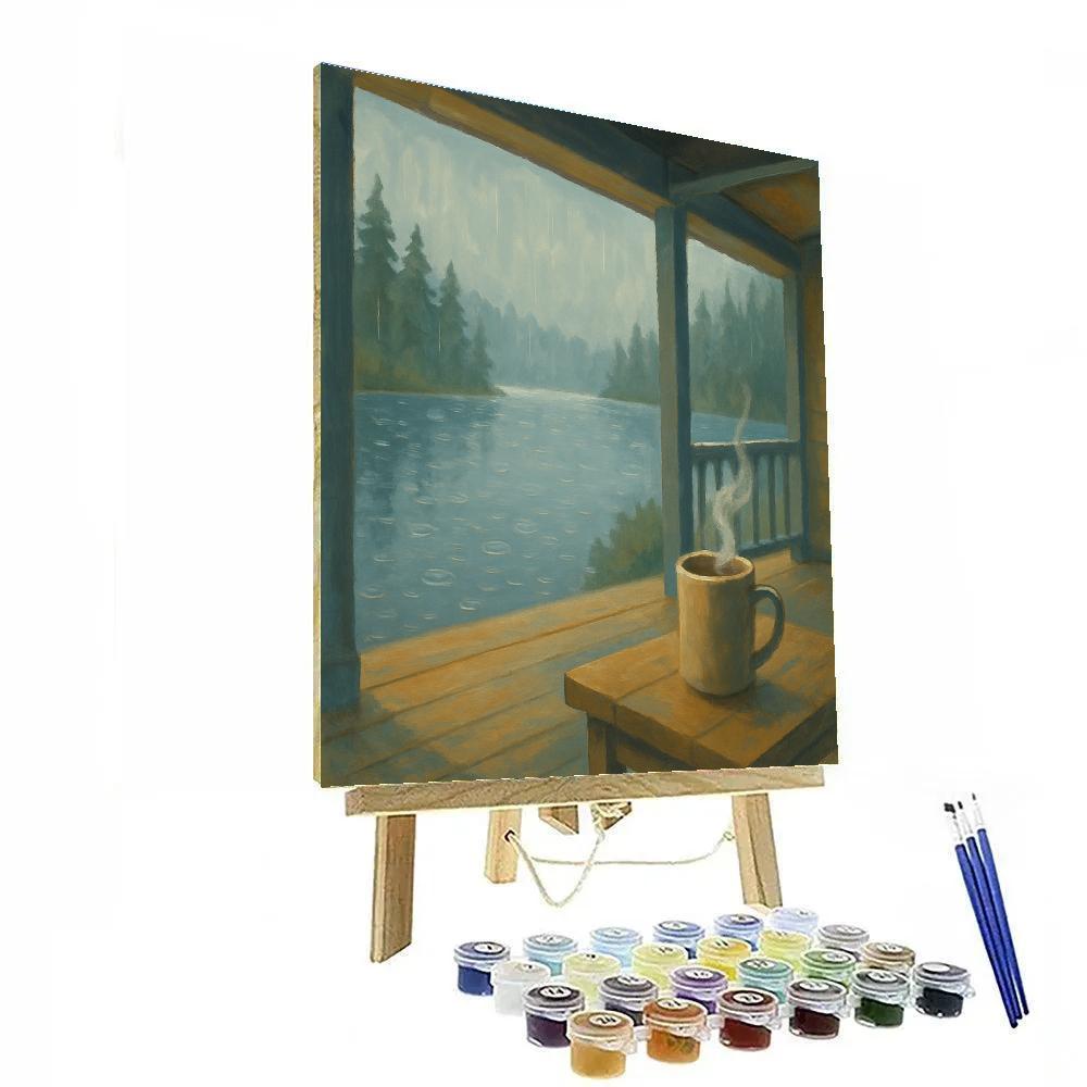 Rainy Lake Porch With Steaming Mug View paint by numbers