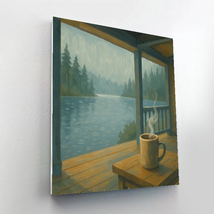 Rainy Lake Porch With Steaming Mug View paint by numbers
