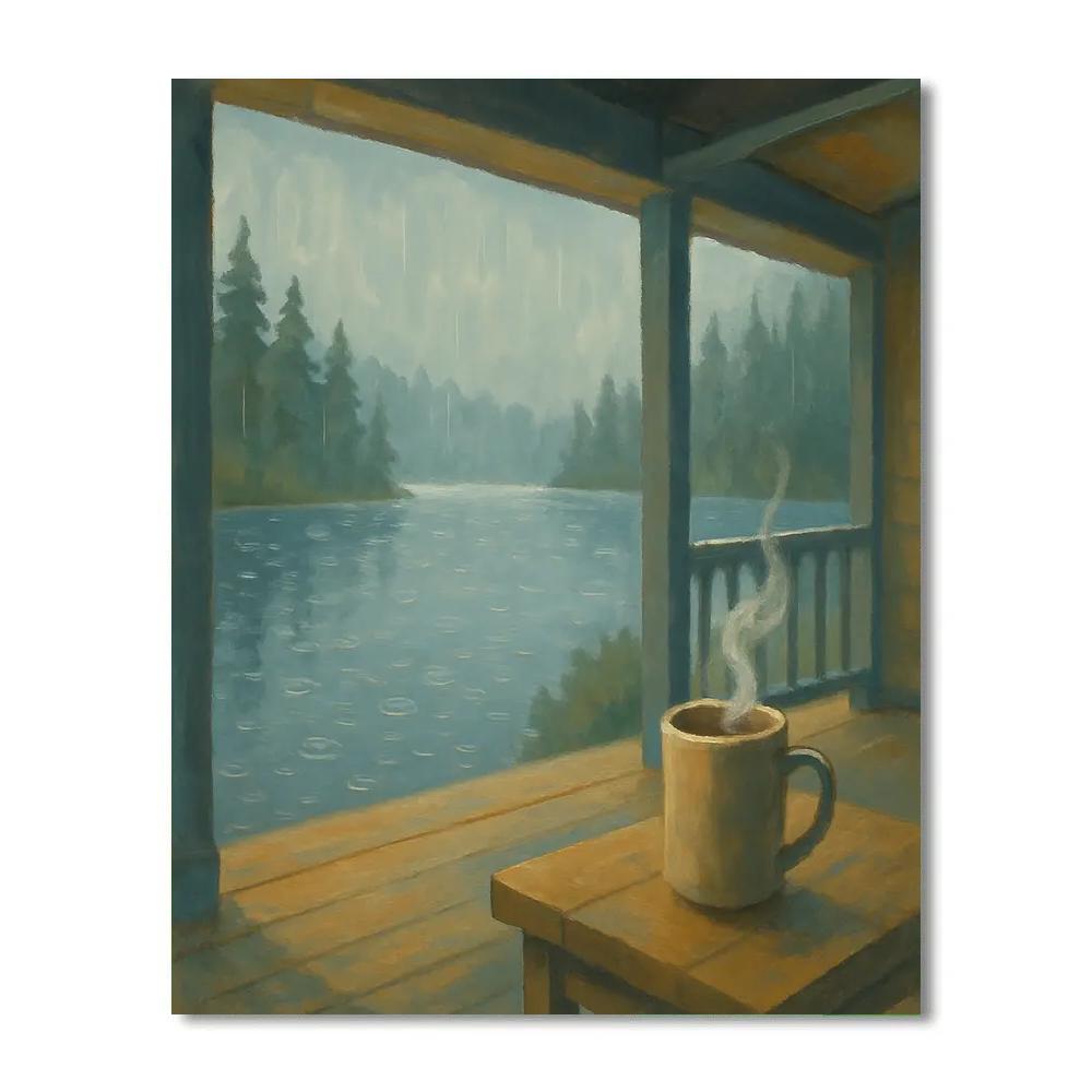 Rainy Lake Porch With Steaming Mug View paint by numbers