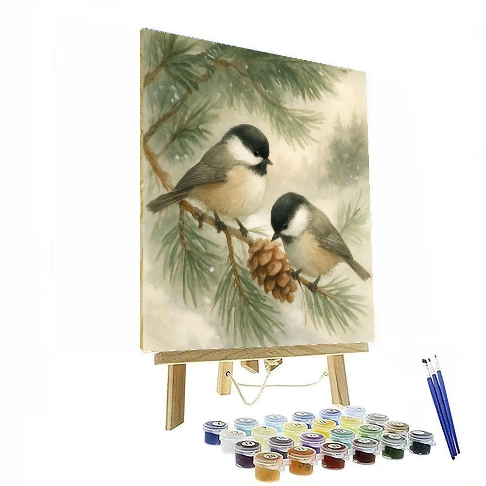 Chickadees In A Pine Nook After Snowfall Number painting