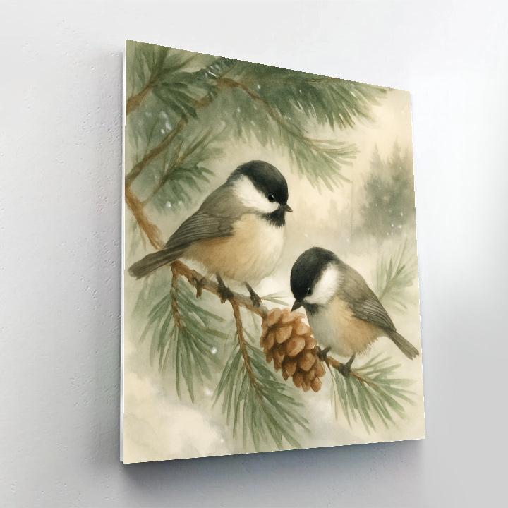 Chickadees In A Pine Nook After Snowfall Number painting