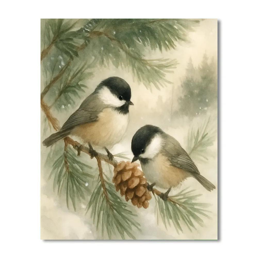 Chickadees In A Pine Nook After Snowfall Number painting