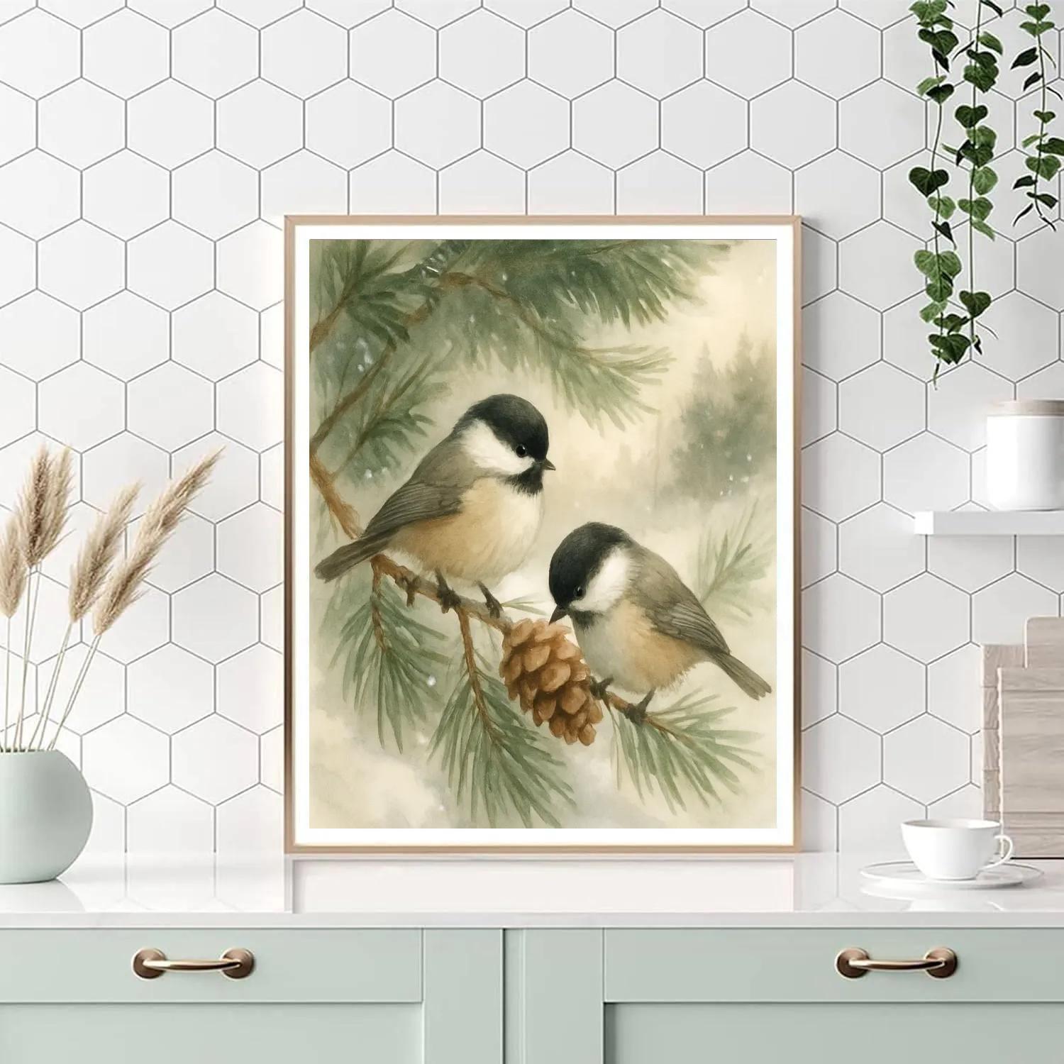 Chickadees In A Pine Nook After Snowfall Number painting