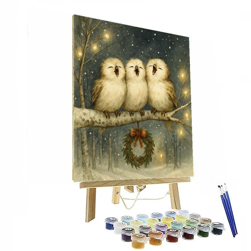 Caroling Owls On A Birch Branch Paint by numbers art