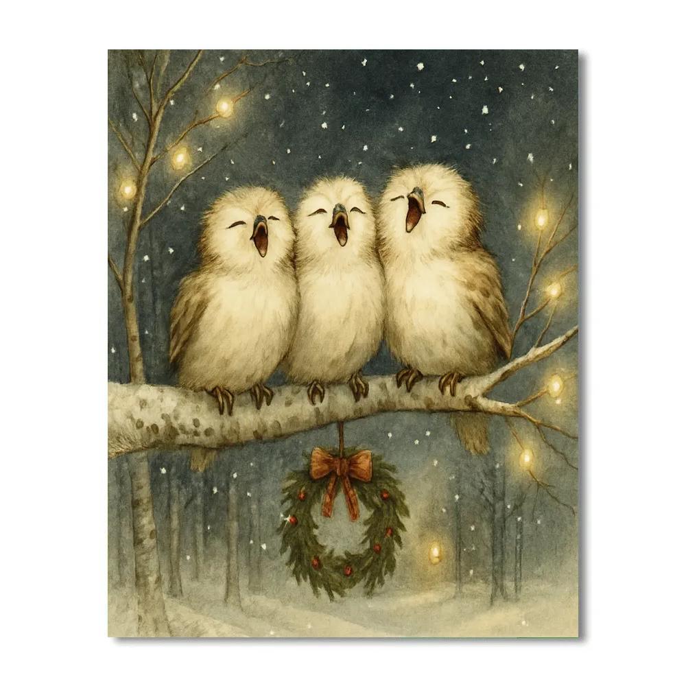 Caroling Owls On A Birch Branch Paint by numbers art