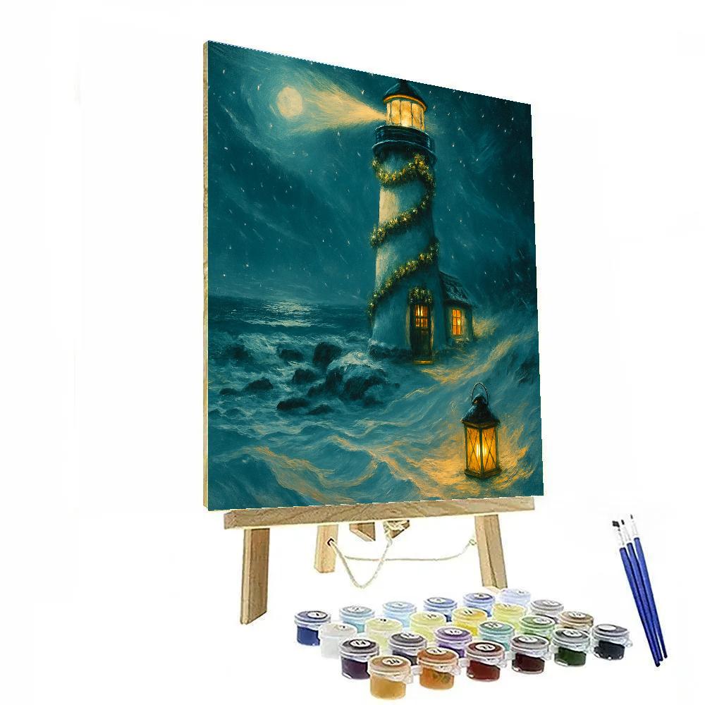 Moonlit Lighthouse With Holiday Garlands paint by numbers