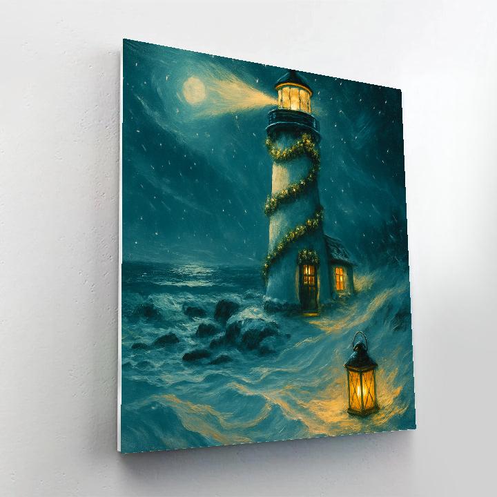Moonlit Lighthouse With Holiday Garlands paint by numbers