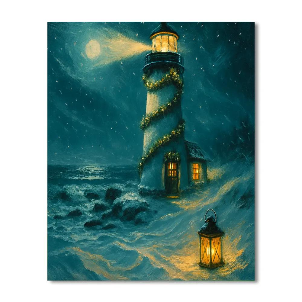 Moonlit Lighthouse With Holiday Garlands paint by numbers