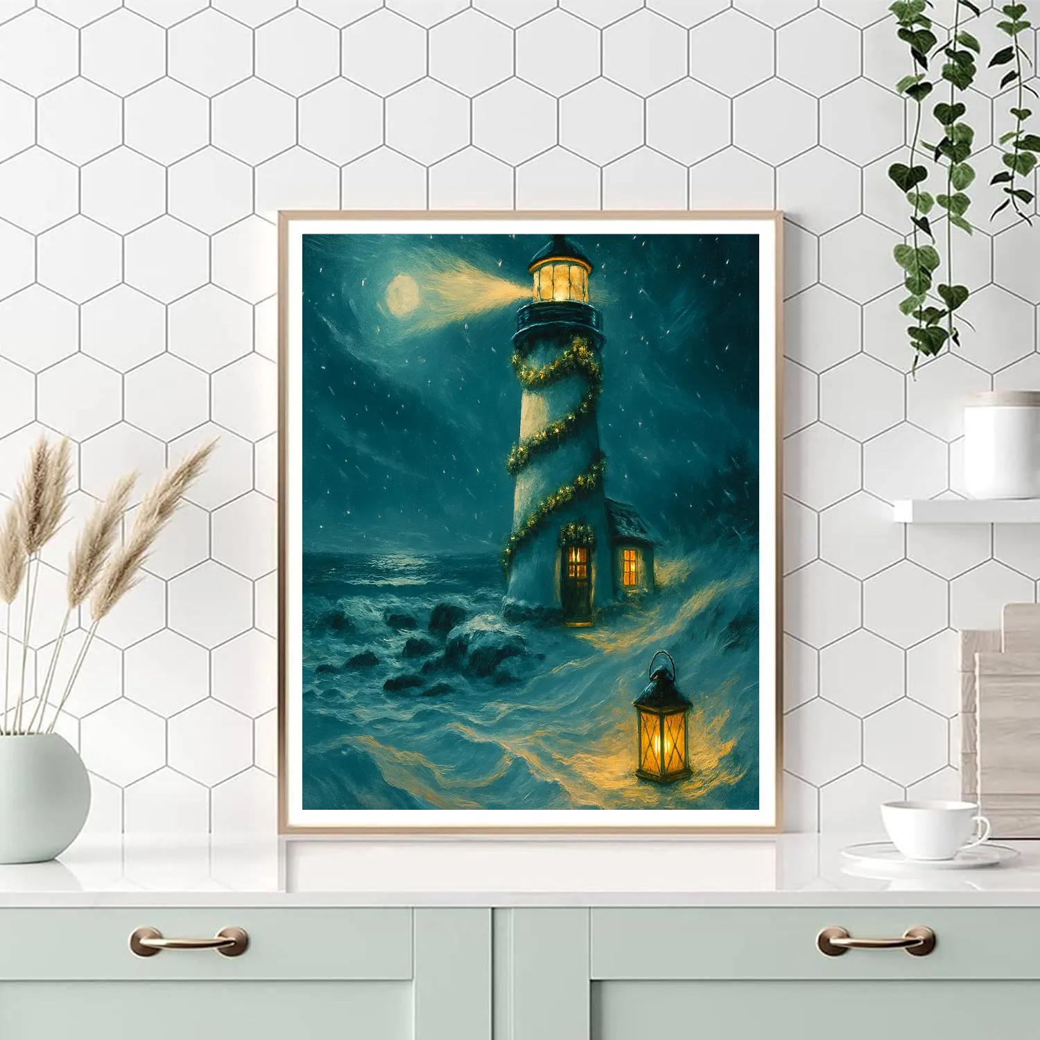 Moonlit Lighthouse With Holiday Garlands paint by numbers