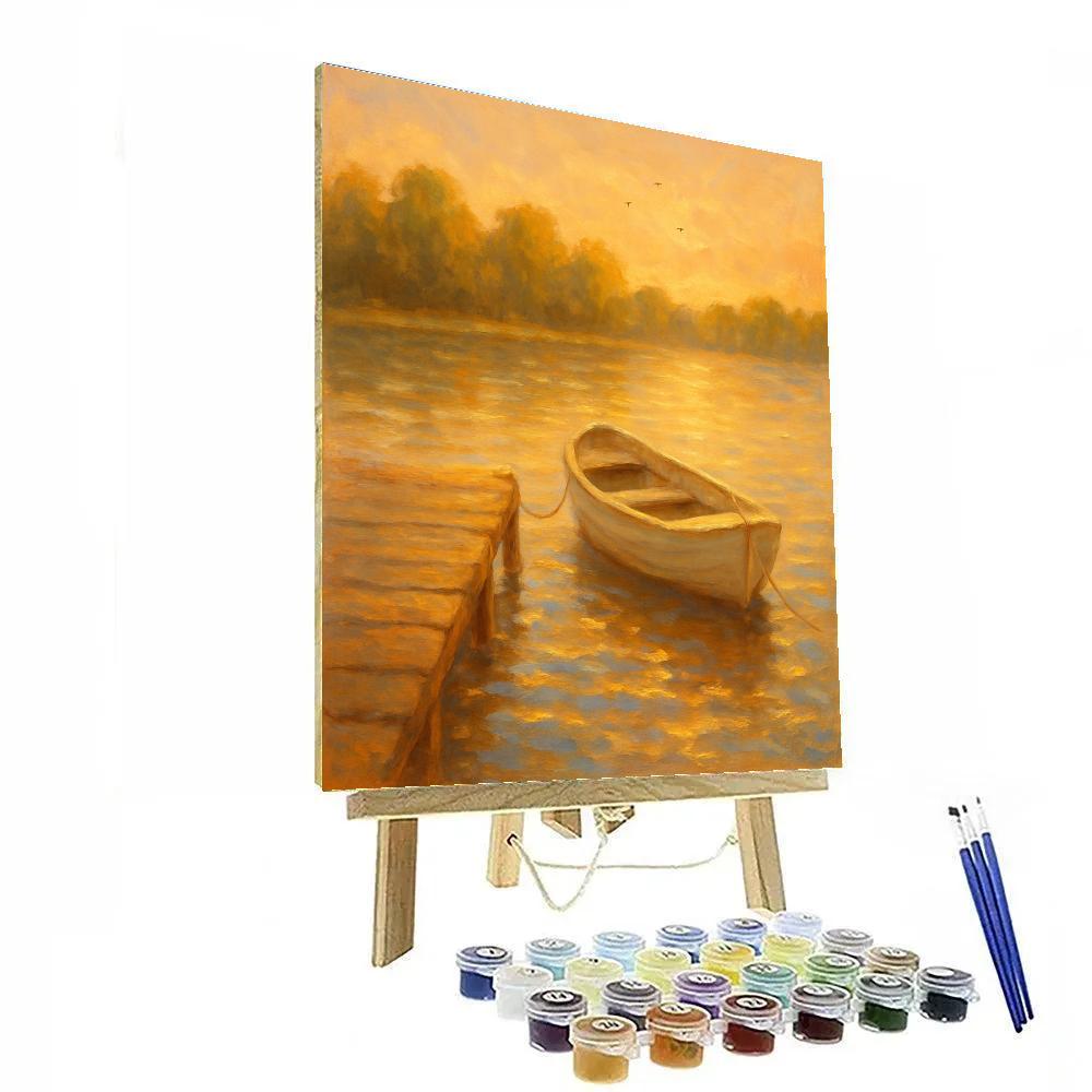 Golden Hour Dock With A Waiting Rowboat paint by color