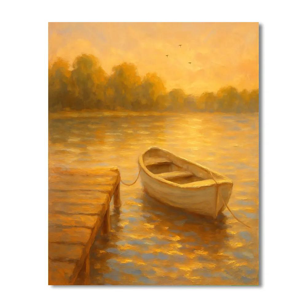 Golden Hour Dock With A Waiting Rowboat paint by color