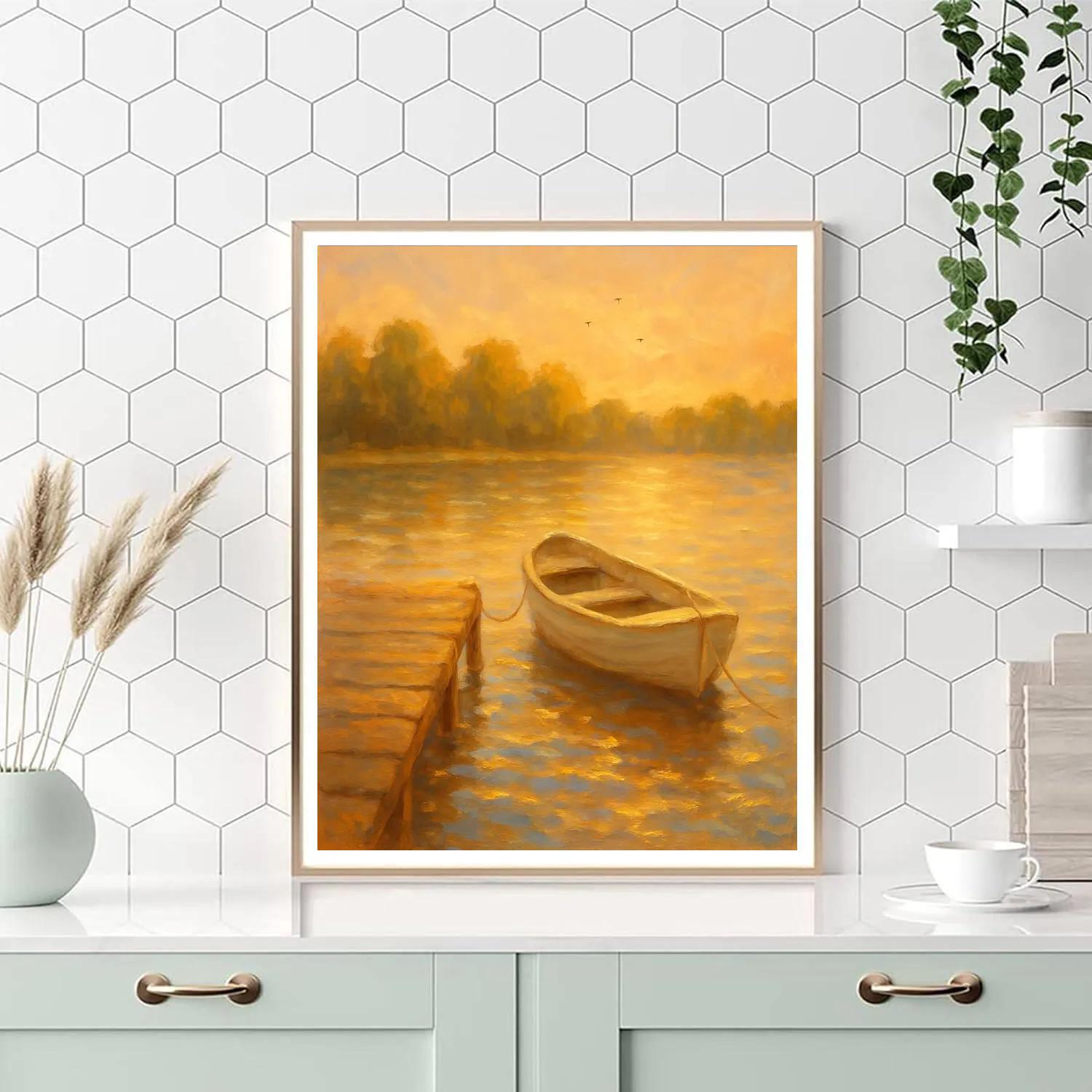 Golden Hour Dock With A Waiting Rowboat paint by color