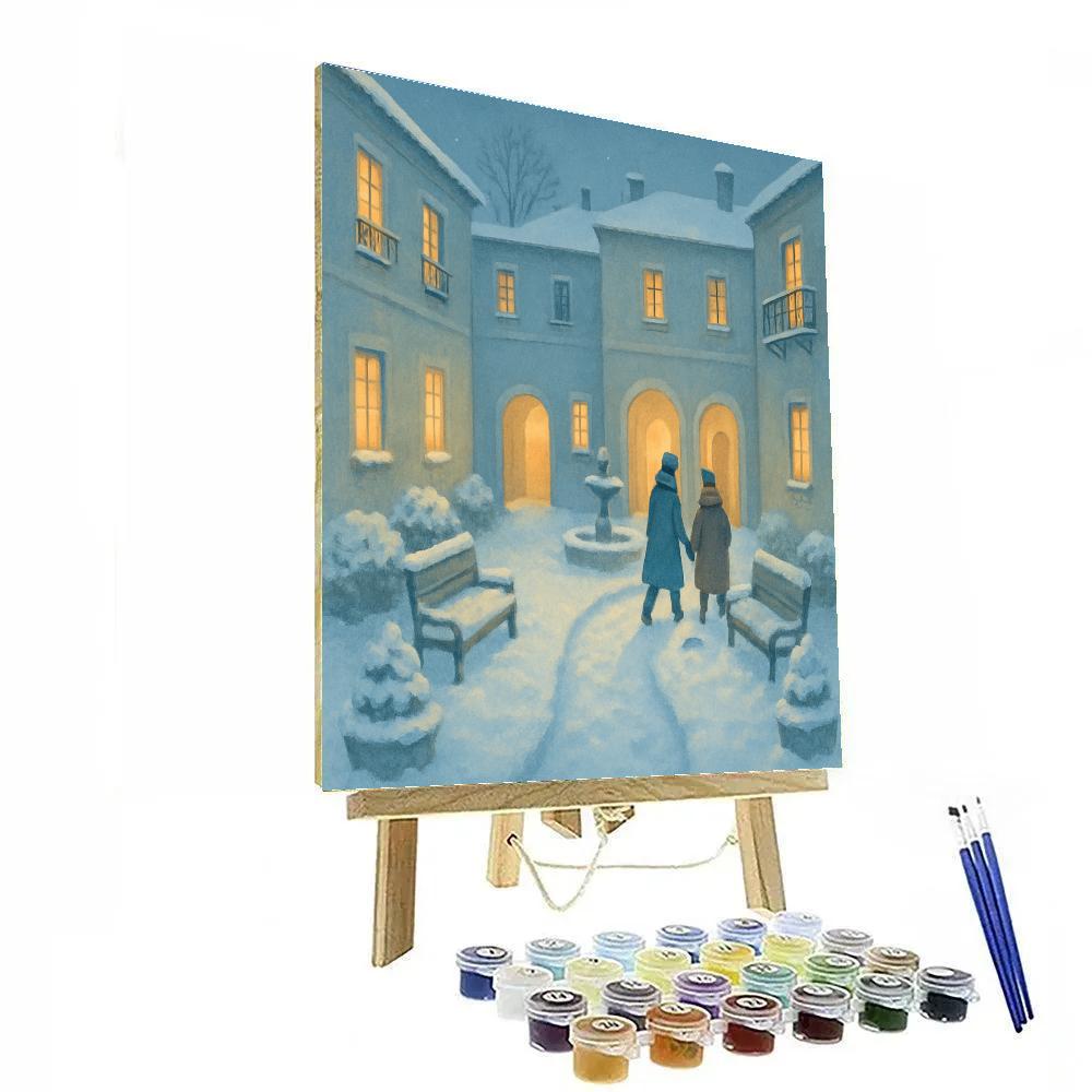 Snowy Courtyard Under Candlelit Windows paint by number