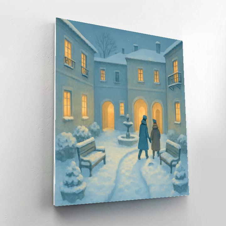Snowy Courtyard Under Candlelit Windows paint by number
