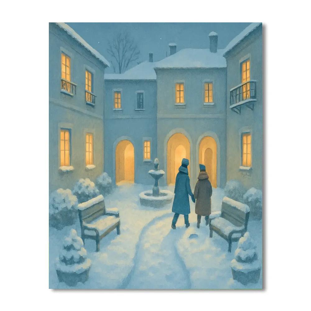Snowy Courtyard Under Candlelit Windows paint by number