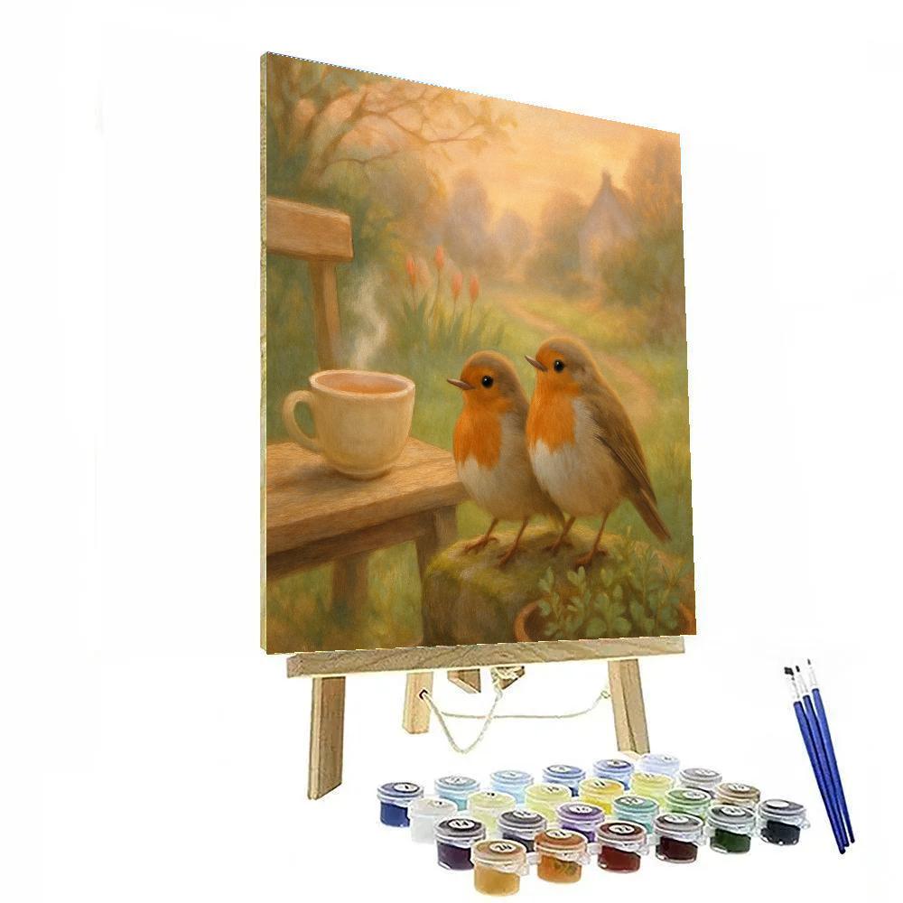 Teacup Garden Robins At Early Spring Dawn paint by numbers