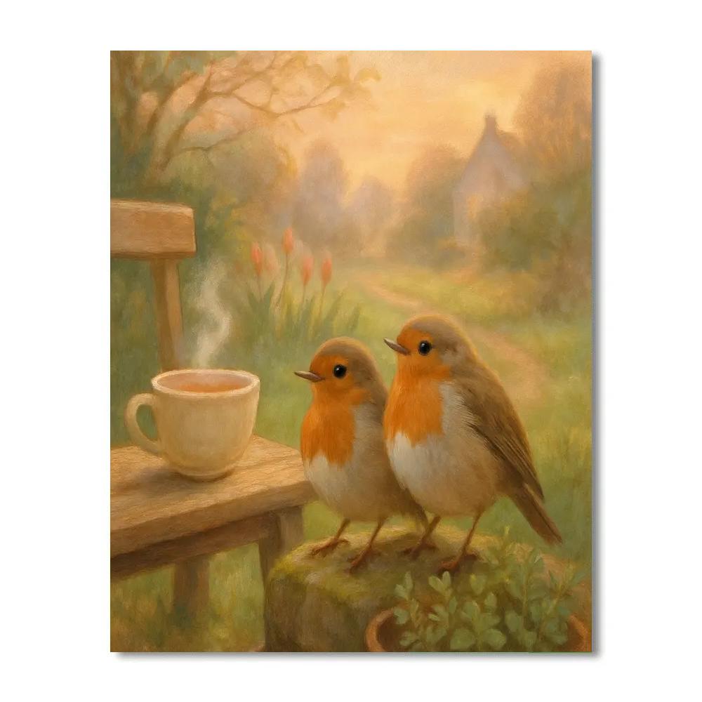 Teacup Garden Robins At Early Spring Dawn paint by numbers
