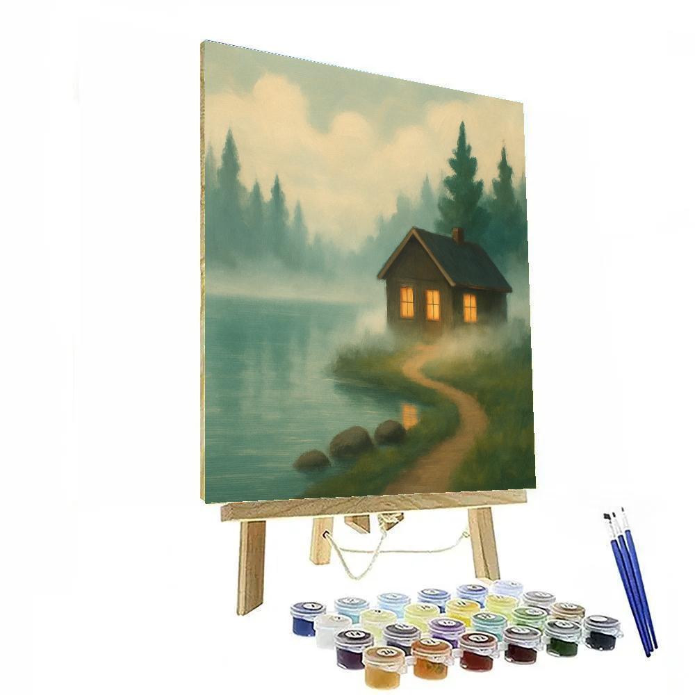 Misty Dawn Cabin With Glowing Windows paint by number