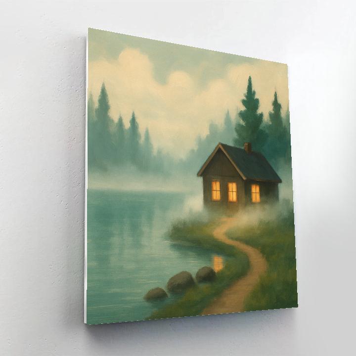 Misty Dawn Cabin With Glowing Windows paint by number