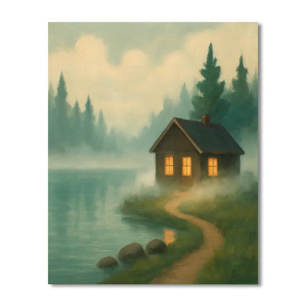 Misty Dawn Cabin With Glowing Windows paint by number
