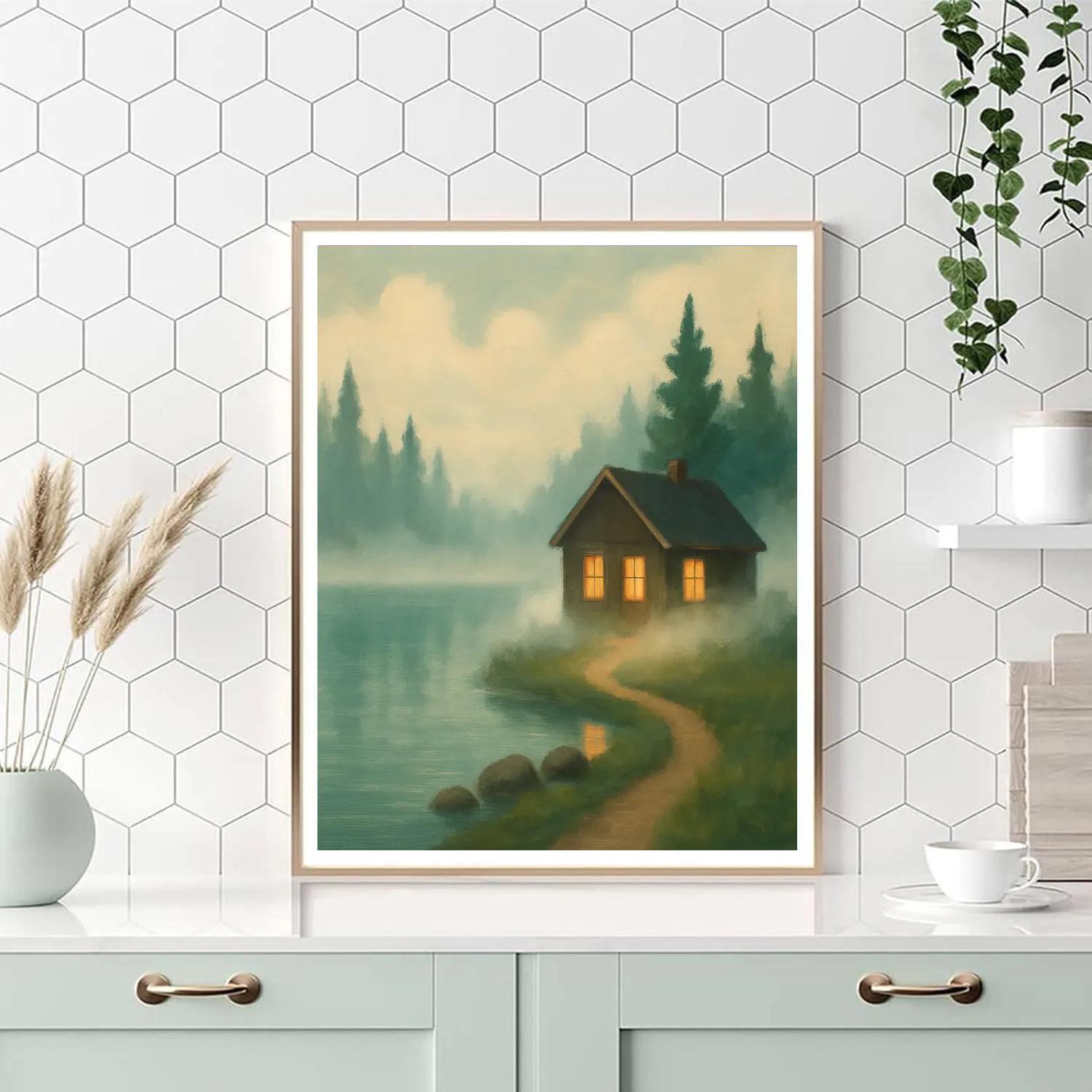 Misty Dawn Cabin With Glowing Windows paint by number