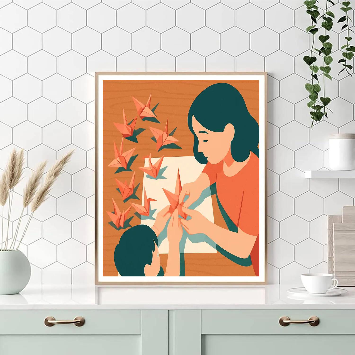Mother And Child Folding Paper Cranes Together Number painting
