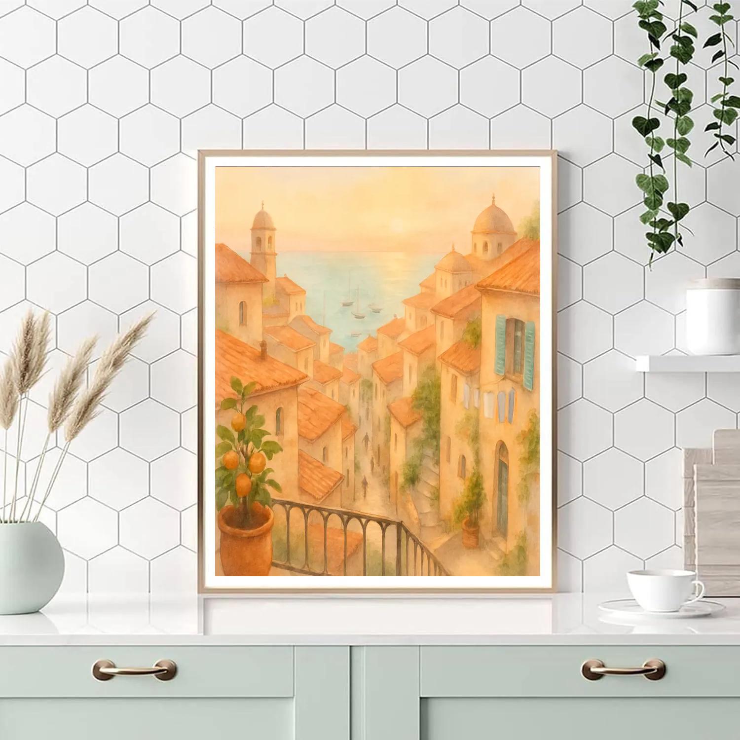 Coastal Mosaic Rooftops At Peach Dawn Paint by numbers kits