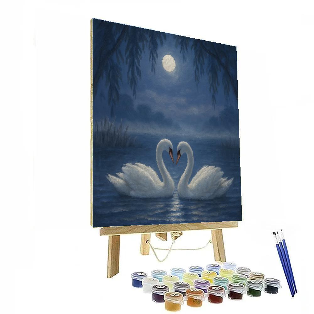 Moonlit Willow Swans On A Silver Mist Lake Paint by numbers art