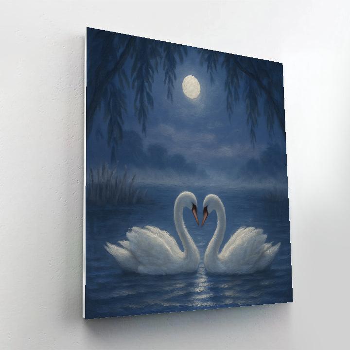 Moonlit Willow Swans On A Silver Mist Lake Paint by numbers art