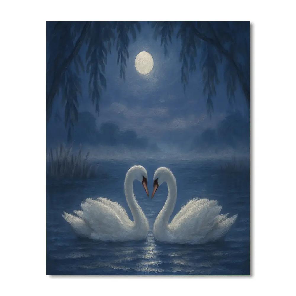 Moonlit Willow Swans On A Silver Mist Lake Paint by numbers art