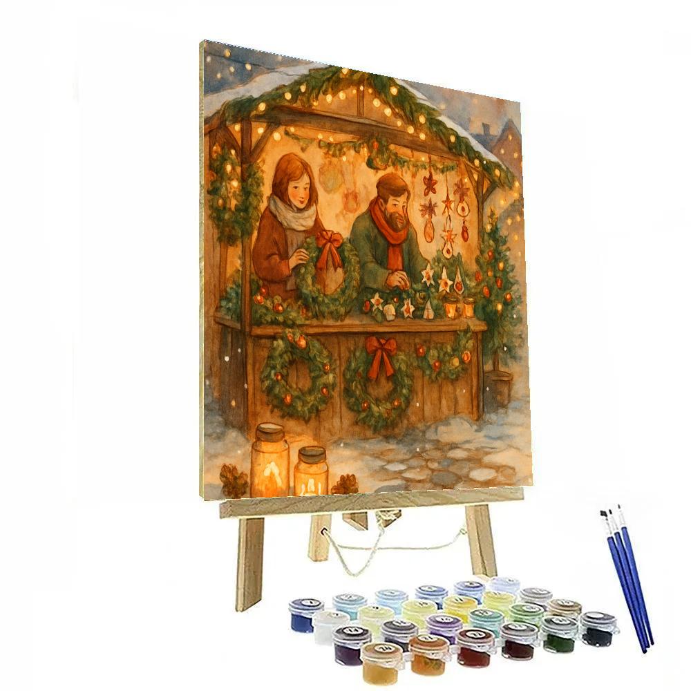 Candlelit Market Of Snowy Evergreens paint by number