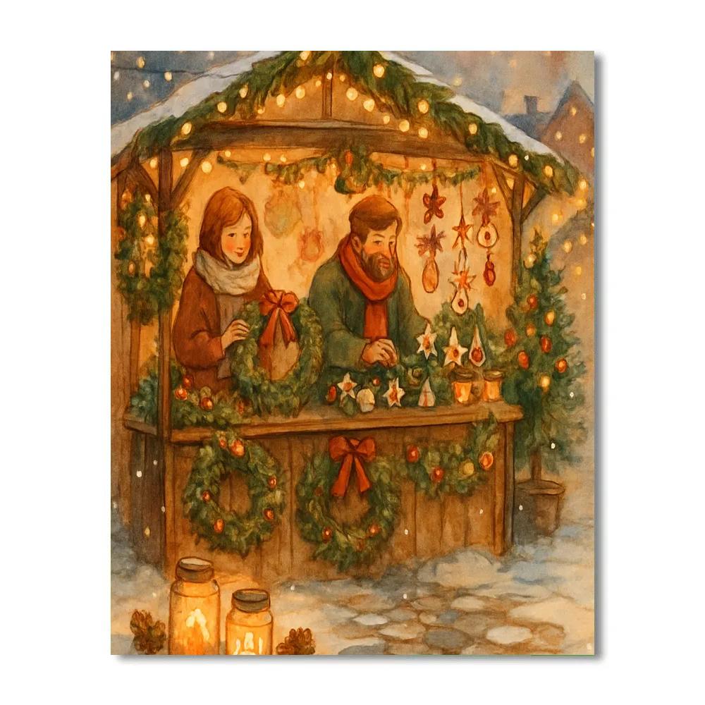 Candlelit Market Of Snowy Evergreens paint by number