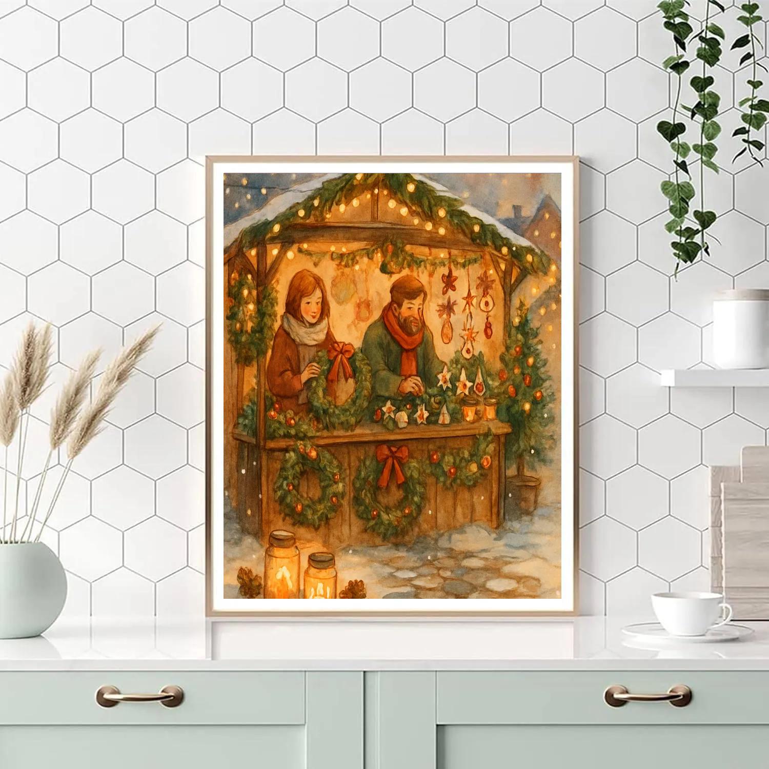 Candlelit Market Of Snowy Evergreens paint by number