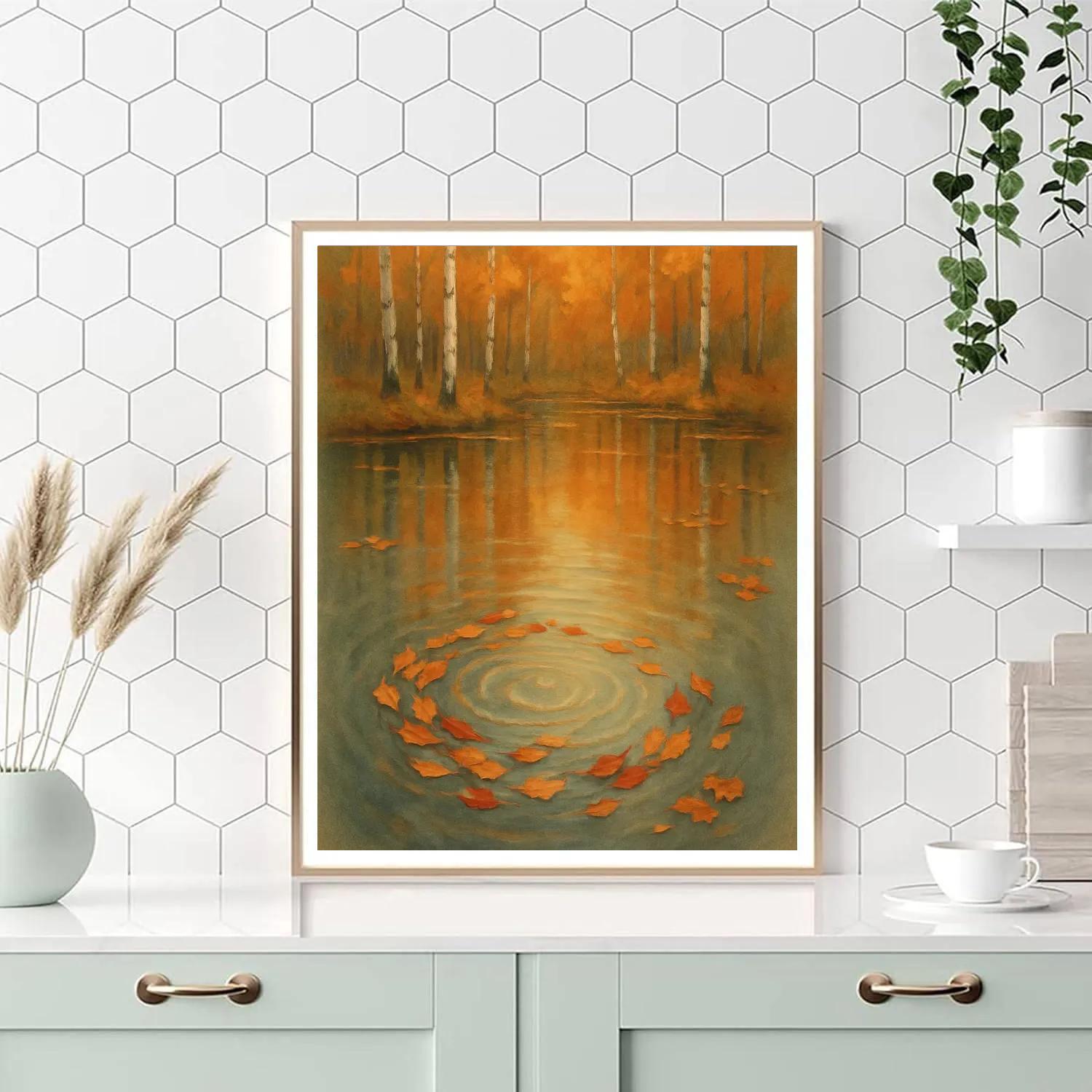 Autumn Leaf Swirl On A Quiet Forest Pond paint by color