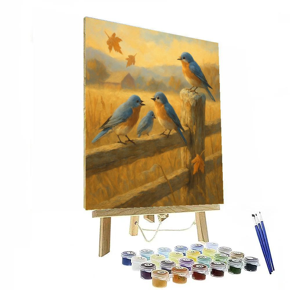 Golden Harvest Fence Bluebirds In Late Autumn Number painting